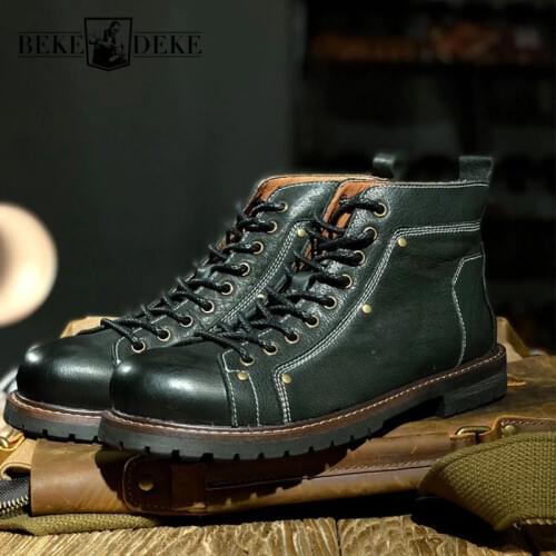 Winter New Men Work Boots England Style Safety 100% Real Leather Ankle Shoes High Quality Vintage Lace Up Biker Short Boots