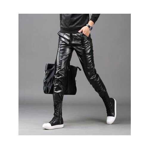 Autumn winter warm personality fashion motorcycle faux leather pants mens feet pants pu trousers for men pantalon homme black