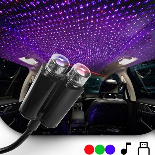 Dual Color Sound Activated LED Starry Sky Night Light 5V USB Star Galaxy Lamp for Car Roof Interior Atmosphere Ambient Projector