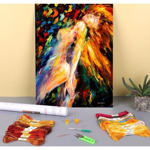 Oil Painting Style Bias Printed Fabric 11CT Cross Stitch DIY Embroidery Set DMC Threads Handiwork Knitting Sewing Adults