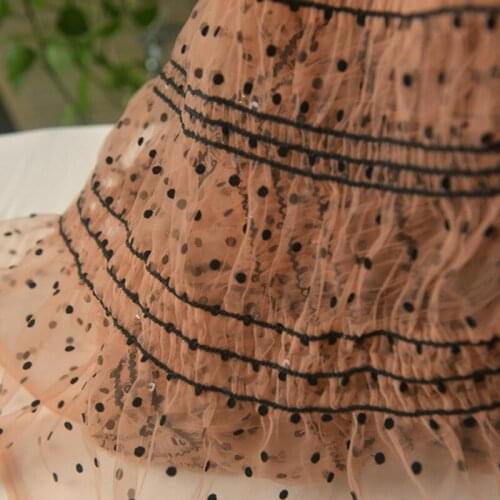 Brown Black Polka Dot Pleated Mesh Sequined Fabric Dress Skirt Hem Handmade Diy Fabric 95x150cm