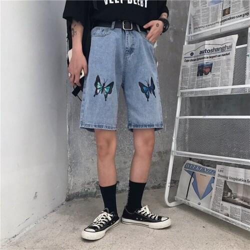 Summer Harajuku personality butterfly print retro casual denim five-point shorts