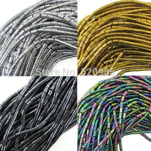 Wholesale Black/Gold/Rainbow/Silver Plated about 98pcs/lot natural stone hematite Tube loose spacer beads 16" per strand 4mm