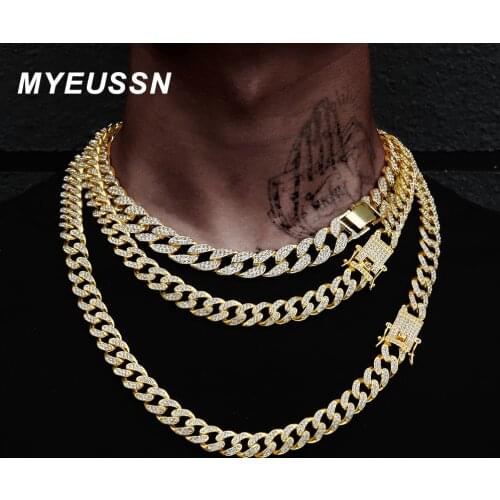 Miami Curb Cuban Chain Necklace Woman 16mm Gold Color Iced Out Paved Rhinestones Rapper Cuban Link Necklaces Men HipHop Jewelry