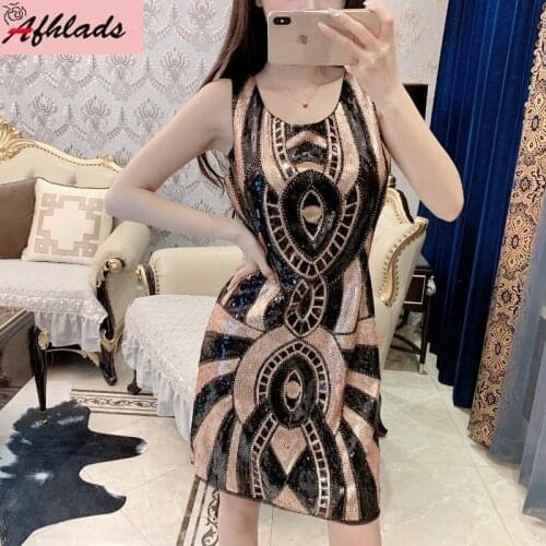 Summer Womens Round Neck Slim Sexy Dress New Sleeveless Bing Sequined Vest Night Club Female Fashion Vintage Mini Dress
