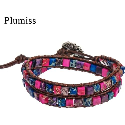 Plumiss Purple Red Imperial Jaspers Wrap Bracelets with Sunflower Clasp Geometric Natural Stone Beaded Bracelet Femme Jewelry
