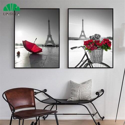 Scandinavian Style Paris Black White Painting Red Umbrella Bicycle Nordic Posters and Prints Wall Art Bar Cafe Decoration
