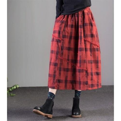 Retro Cotton and Linen Skirts Womens Casual Fringe Elastic Waist Plaid Skirt Female Autumn Winter Quilted Saia Midi Faldas f2645