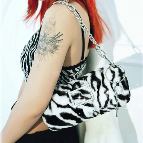 Luxury fashion Women handbags rabbit fur zebra pattern shoulder bag ladies rhinestone lock pendant chain portable underarm bags