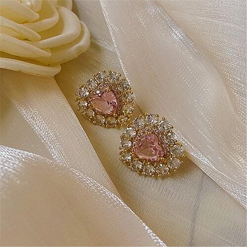 Korean Pink Crystal Heart Stud Earrings For Women Girls Elegant Cute Earring Fashion boucle oreille femme Party Jewelry Earings