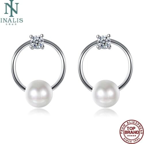 INALIS Round Stud Earrings For Women White Clear Cubic Zirconia And Imitation Pearls Copper Earring Engagement Fashion Jewelry