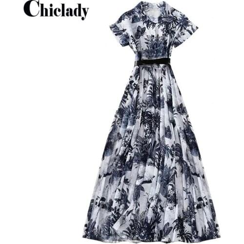 CHICLADY luxury brand tropical printed maxi pleated short sleeve single breasted maxi dresses party celebrity style summer dress
