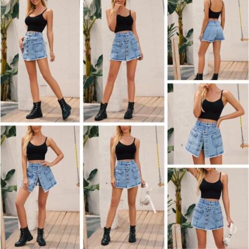 Summer Women 2021 Sexy High Waisted blue Button Shorts Summer streetwear Solid Color Flap Pocket Belt Loop Culottes Adult shorts
