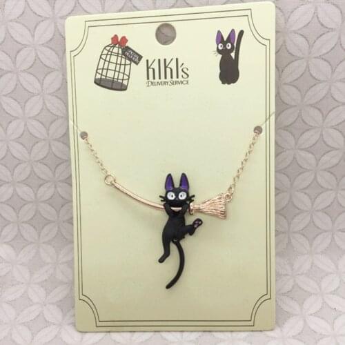 Kikis Delivery Service Jiji Cat Broom Pendants Fashion Jewelry for Women Black Cat Hanging Wand Necklace Witches Jewelry