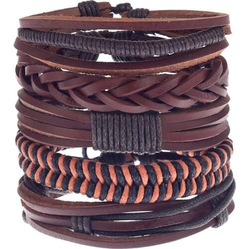 Mix 4-5Pcs/ Set Braided Wrap Leather Bracelets for Men Women Vintage Multi-layer Charm Wooden Beads Ethnic Tribal Wristbands