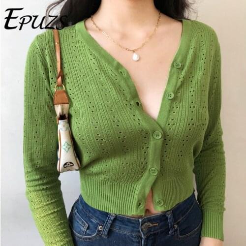 Vintage long sleeve Knitted Cardigan women buttons bgreen black sweater women casual korean sweater 2020