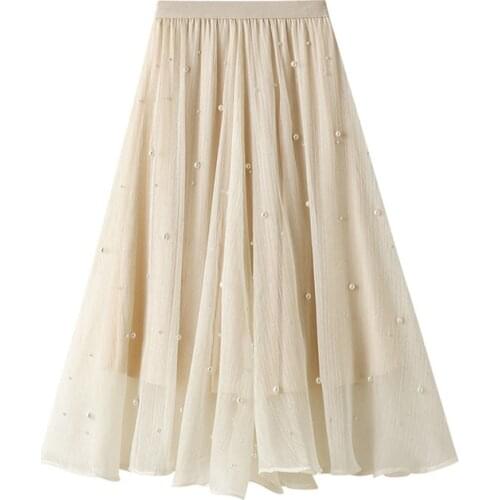 Women Summer White Midi Pleated Skirt Female High Waist Fashion Beading Midi Long Tulle Skirts Lady Knee-Length All-Match Skirt