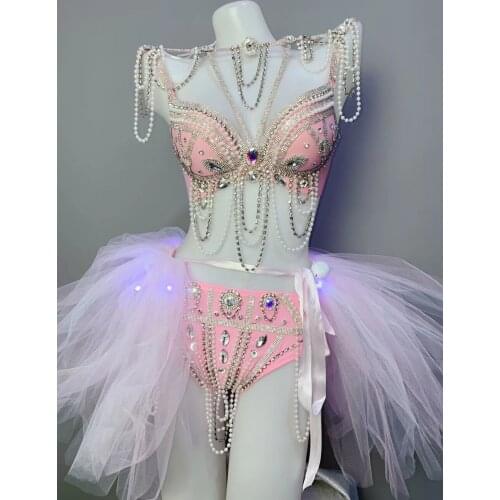 Bar Club Party Show Women Stage Wear Pink Beads Rhinestones Bikini 3-Pieces LED Dance Outfit Dance Team DJ Performance Costume