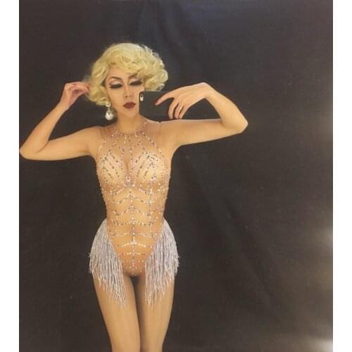 S04 Ballroom dance female costumes crystals Tassels bodysuit slim catsuit catwalk performance dj clothe stage show wears