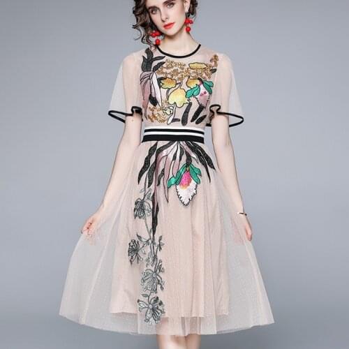 New 2021 Women Summer Fashion Runway Midi Dress Butterfly Sleeve Flower Embroidery Ladies Slim A-Line Mesh Dresses