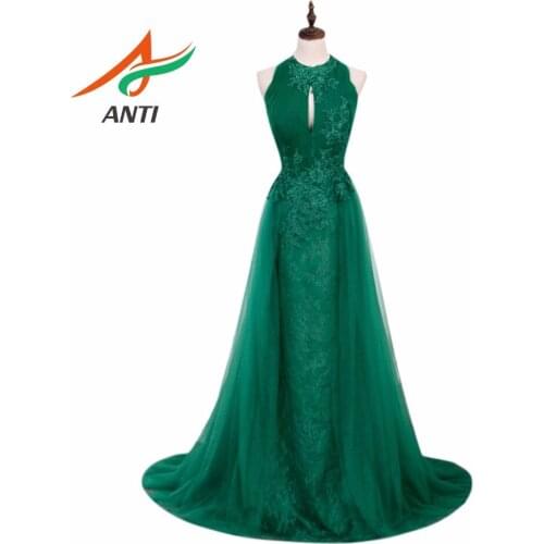 ANTI Robe De Soiree Chest A-Line Green Long Evening Dress Elegant Vestido De Festa Prom Gown O-Neck Tulle Crystal Illusion