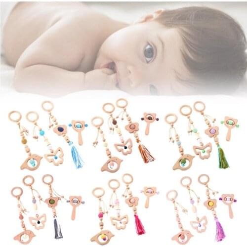 4 Pcs/Set Baby Gym Frame Pendant Wooden Teether Molar Toys Teething Nursing Rattle Gifts for Infant Room Decorations