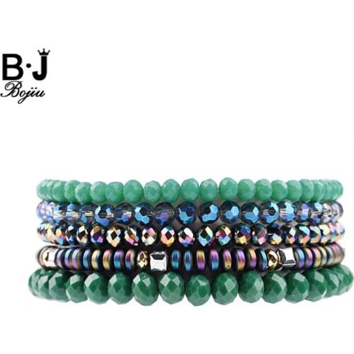 BOJIU 5 Pcs/Set Multilayer Crystal Hematite Bracelets Trendy Green Gray Colorful Faceted Beads Bracelets Ladies Jewelry BCSET237