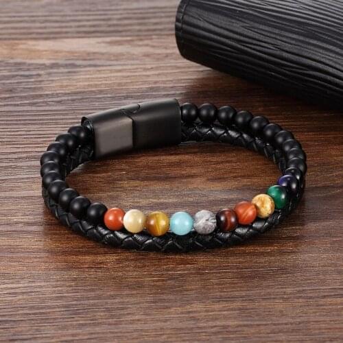 Fashion Stainless Steel Charm Magnetic Black Men Bracelet Leather Genuine Braided Punk Rock Bangles Natural Stone Bead Jewelry