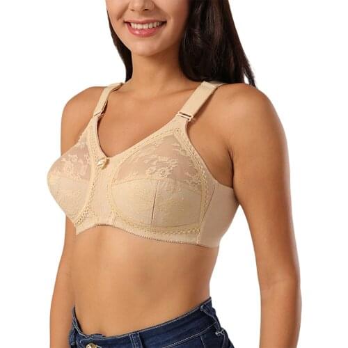 Beige Plus Size Women Unlined Lace Bra Full Coverage Ultra Thin Wireless Adjusted-straps Big Minimizer Bras Size