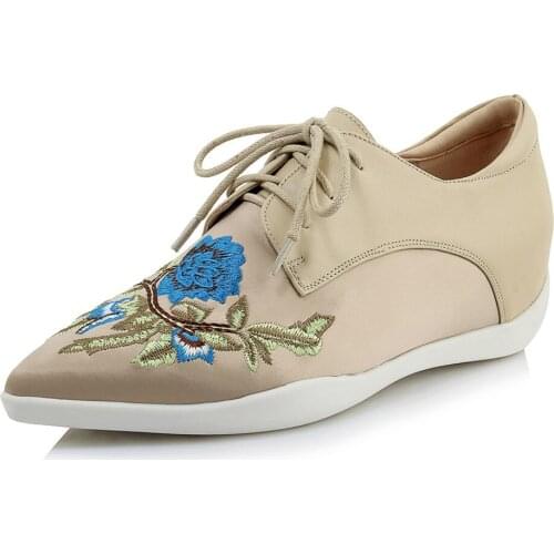 COOLULU Women Shoes High Heels Natural Genuine Leather Wedge Heels Shoes Real Leather Flower Pointed Toe Pumps Lady Spring 34-40