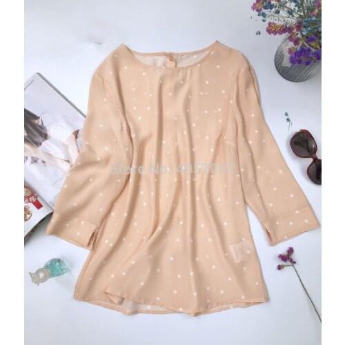 ElfStyle Silk Cherry Blossom Pink Dot Printed Blouse Shirt Top With Buttoned Back & Long Sleeves & O Neck