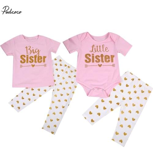 Lovely Baby Kids Girls Matching Outfits T-shirt Romper Tops+Print Long Pants Outfits Clothes Set Summer Pink Littler Big Sister