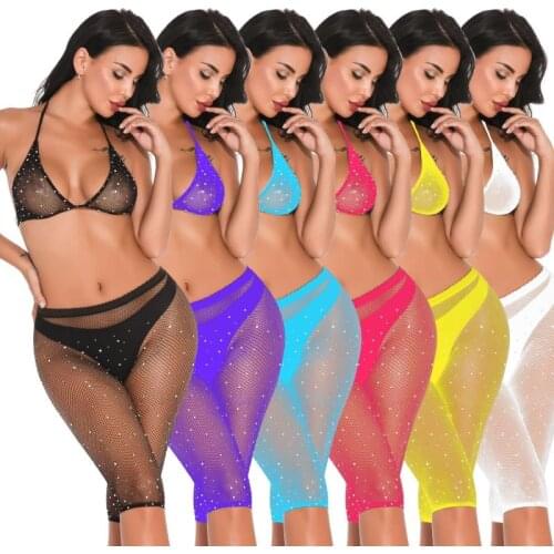 Summer Mesh Two Piece Sets Nightwear Sexy Women Erotic Lingerie Set Fishnet V-neck Sleeveless Crop Tops And Capri Pants 2021 New