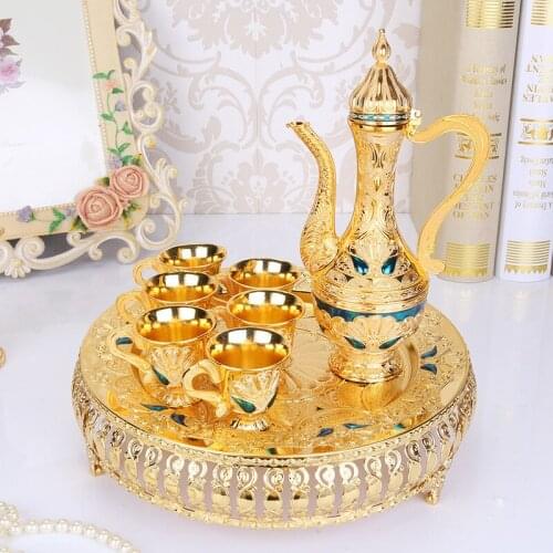Metal Coffee Set Wine Set European Tea Set Retro Creative Hotel/ Home Room Table Decoration 1 set= 1 plate+ 1 pot +6 cups