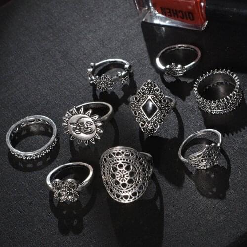 Pack of 9 personality vintage knuckle rings with carved sun / crescent moon / palm and flower design