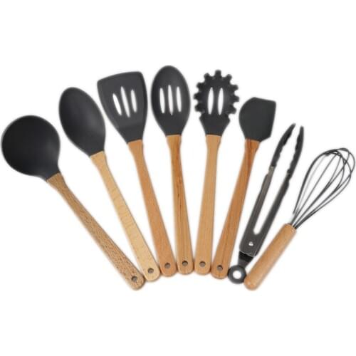 8pcs/set Silicone Cooking Tools Set Kitchen Cooking Utensils Set with Bamboo Wood Handles Nonstick Cookware kitchen tools