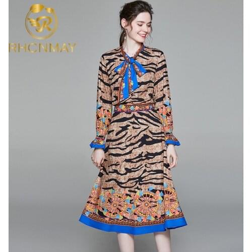 New 2020 Summer Fashion Skirt Suits Womens Sets Flare Sleeve Bow tie Leopard print Tops and Vintage Skirts Two Pieces Set