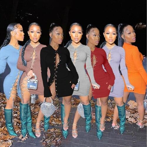 Metal Chain Tie Up Bodycon Dress Sexy Women Rib Knitted Hollow Out Long Sleeve Solid Mini Dress Female Night Club Party Clothes