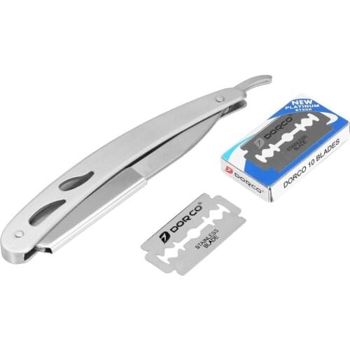 Portable Travel Stainless Steel Men Straight Barber Steel Razors Folding Shaving Knife Trimmer10pcs Blades Silver Mens Shaver