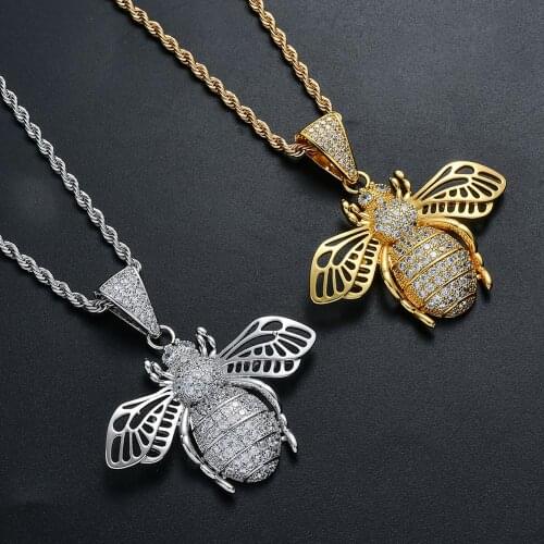 Women Brass CZ Bee Pendants Tennis Chain Necklace Party Gift Hip Hop Jewelry CN176