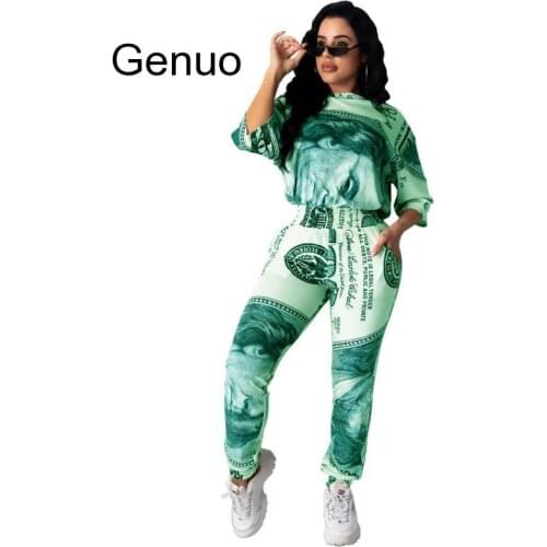 US Dollar Print Tracksuits Two Piece Set Women Sporty Top And Pant Sweatsuit Lounge Wear Outfits Matching Sets Jogging Suit 2020