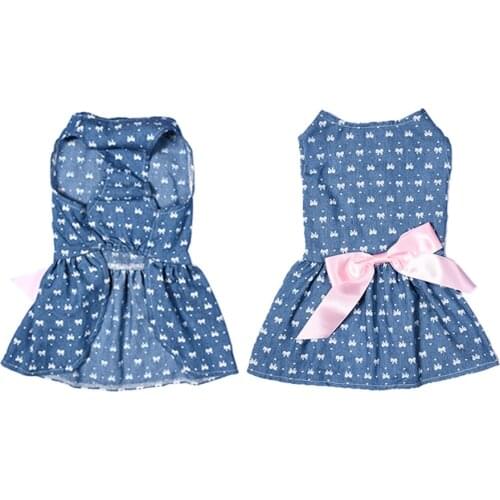 Comfortable Polyester Jeans Pet Princess Dress for Summer and Spring Cute Pet Dog Clothes with Fashionable Bowknot 1 PCS