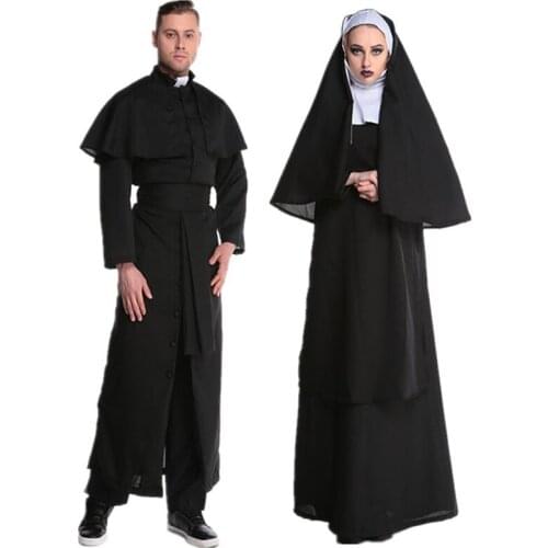 Medieval Halloween Cosplay Costume for Women Man Ladies Missionary Priest Uniform Dress Cross Religious Polyester Adult Men Robe