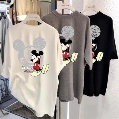 Disney Cartoon Womens Clothes Loose Mickey Mouse White Short-sleeved T-shirt Female Harajuku Streetwear Casual Lady Tops Tees