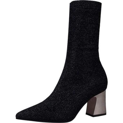 Stretch Knitting Women Short Boots Metal Sequare Heel Female Fashion Boots Autumn Pointed High Heels Black Boots Woman