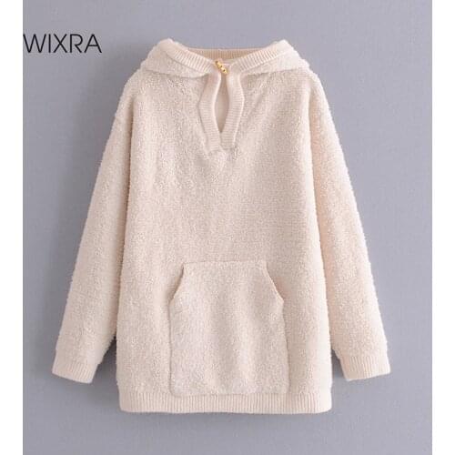 Wixra Womens Sweatshirts Solid Patchwork Knitted Lamb Wool Hooded Tops Long-Sleeved Autumn Winter Female Coat Streetwear