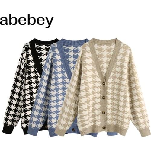 Women plaid pattern cardigan vintage jumper 2021 autumn winter oversized knitted cardigan coat