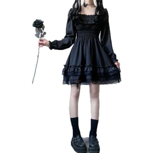 NYFS 2021 New Women Princess Black Mini Dress Slash Neck High Waist Gothic Dress Puff Sleeve Lace Ruffles Party Dresses