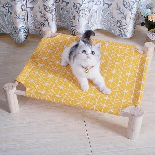 1pc Pet Elevated Bed Detachable Wooden Plaid Cartoon Printing Washable Cat Cot Bed Dog Bed Pet Supplies