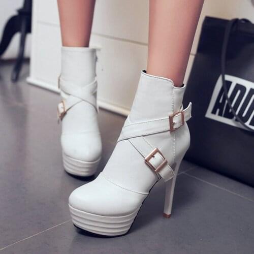 2020 Sexy Women Boots Platform Thin Heel Ankle Boots Side Zipper Buckle Women Short Boots PU Leather Ladies Party Boots Big Size